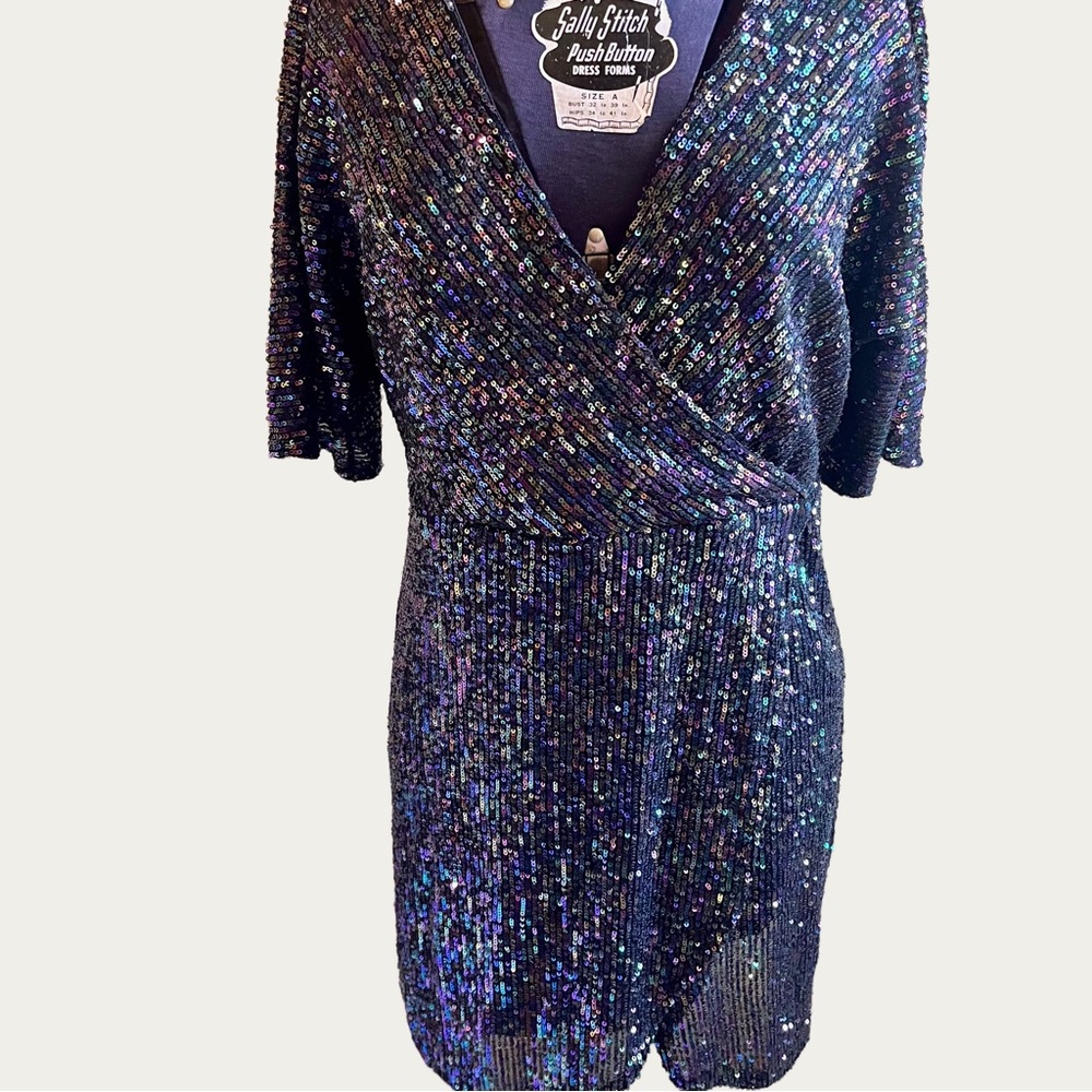 Vintage Morgan & Co. Sequin Faux-Wrap Mini Dress – Made in USA, Size 11